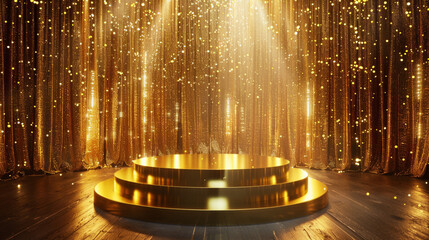 gold podium with gold sparkle, gold stage with gold curtain, award stage