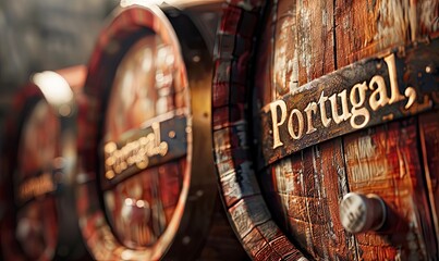 Design a flag showcasing Porto wine barrels for "Portugal," realistic photo