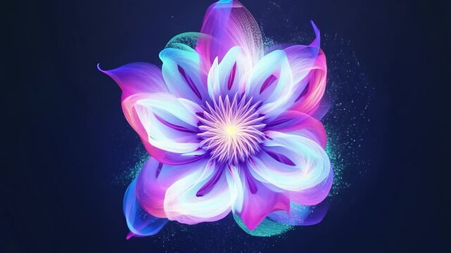 Abstract flower with glowing neon petals blooms on a dark blue background, creating a mesmerizing design in vibrant colors of pink, purple, and green