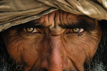 Highly detailed closeup of a man's eyes, showcasing wisdom and life stories etched in his weathered features