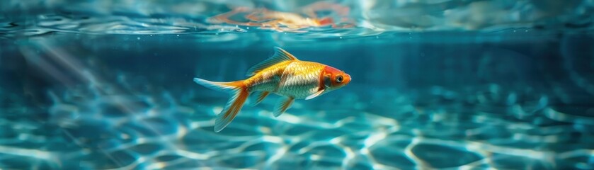 Fototapeta premium A single, colorful fish swimming gracefully in a vast expanse of clear blue water