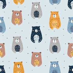 cute seamless pattern with funny hand drawn bears in the trendy colors for boys and babies.
