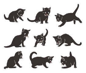 Set of cute playing black kittens. Vector  illustration of cats isolated on white