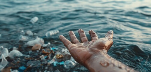 A symbolic image of a hand reaching out of the ocean, overflowing with plastic waste, pleading for help