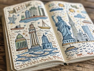 A travel journal spread filled with colorful doodles capturing iconic landmarks from a recent adventure
