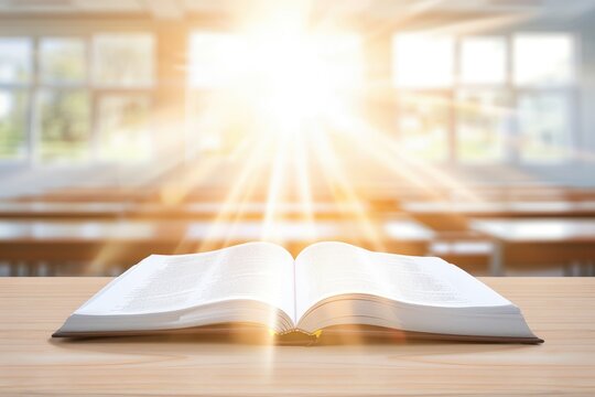An open book lies on a wooden desk in the front of a classroom, bathed in the warm light streaming through the windows