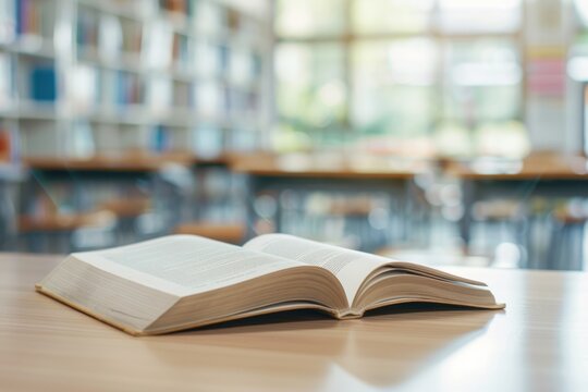 An open book rests on a wooden table in a library, with shelves of books and a bright window behind it