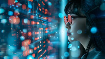 Asian Female IT Specialist Analyzing Data in a Server Room With Augmented Reality Artificial Intelligence