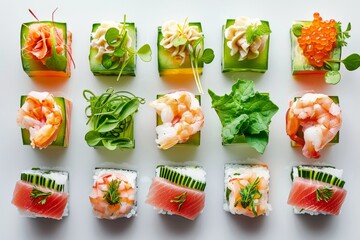 Elegant vegetable appetizers beautifully arranged on a white background for a vibrant and sophisticated presentation