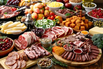 A lavish charcuterie board with a variety of meats cheeses and fruits beautifully arranged for a festive and elegant presentation