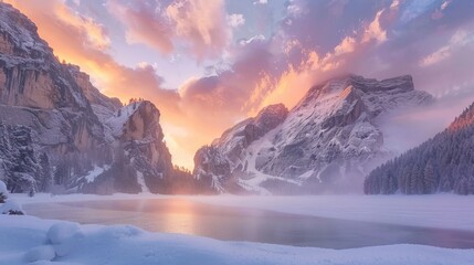 winter sunrise with colorful cloudscape over Lago di Braies, Dolomites, Italy 