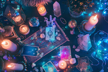 Mystical Tarot Card Reading with Candles and Crystals.