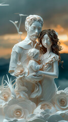 Naklejka premium family depicted in an intricate paper-cut style against a soft blue background. The artwork captures a tender and loving moment between the parents and their children, surrounded by detailed whit