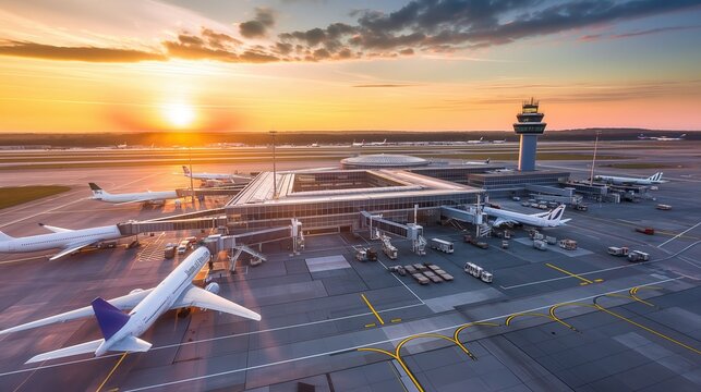 Airport terminal at sunset with planes