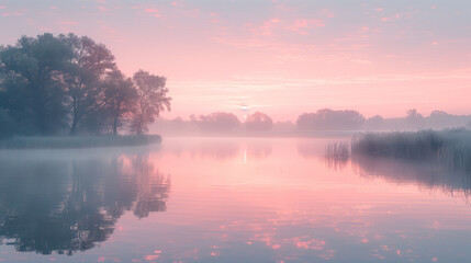 Fototapeta premium Misty Morning with Pink Sky Reflections on a Calm Lake Landscape
