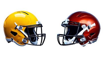 Fototapeta premium Yellow and red American football helmets facing each other on a white background.