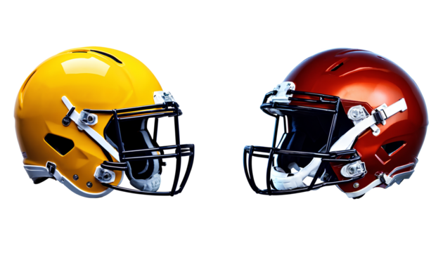Yellow and red American football helmets facing each other on a white background.
