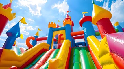 Vibrant bounce house with slides and castle turrets against blue sky. Concept Outdoor Activities, Bounce Houses, Playful Photoshoot, Colorful Backgrounds, Kids Fun
