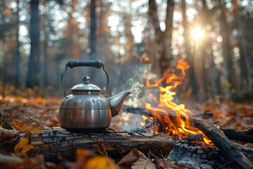 A steaming kettle sits on a campfire in an autumn forest, surrounded by colorful fallen leaves and warm sunlight..