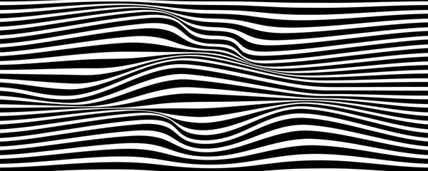 Illusion texture or background. 3d distorted wave backdrop. Pattern with the black and white lines. Big data visualization. Vector illustrations.