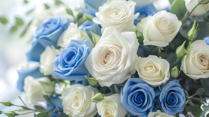 Artificial elegance beautiful colorful blossom rose flowers bouquet. Close up white and blue rose flowers bouquet for Valentine or wedding background and wallpaper. 