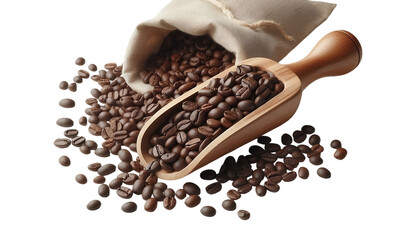 Obraz premium A burlap sack spills coffee beans onto a transparent surface, with a wooden scoop filled with beans resting nearby, against a transparent background, PNG file, perfect for graphic design.