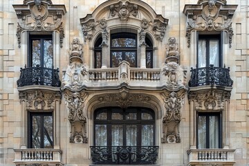 Fototapeta premium An ornate building facade with intricate wrought iron balconies beautifully showcasing architectural elegance