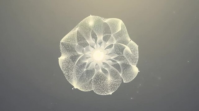 Abstract flower shape with glowing particles exploding from the center on a gray background. Perfect for technology, beauty, or nature themed projects