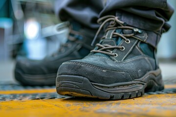 Closeup of rugged safety boots in an industrial setting, highlighting workplace protection