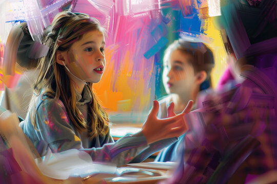 Young girl is gesturing with her hands while talking to a classmate in an art classroom