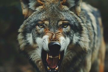 Obraz premium Closeup of a fierce wolf with bared teeth showcasing its wild nature