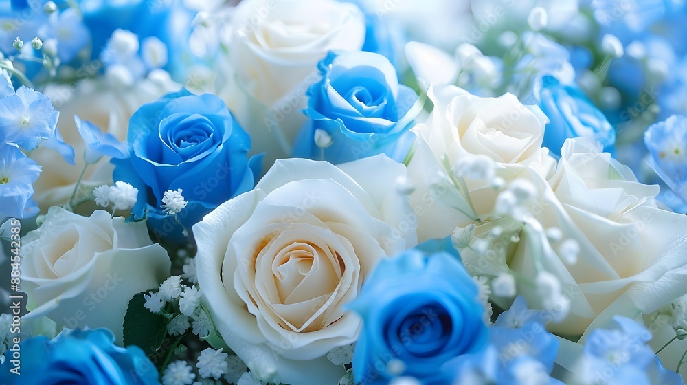 Wall mural artificial elegance beautiful colorful blossom rose flowers bouquet. close up white and blue rose fl