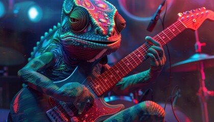 A Chameleon Plays Electric Guitar On Stage Under Colorful Lights