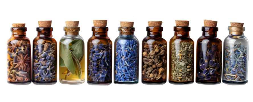 collection of glass bottles with dried herbs and flowers isolated on transparent background