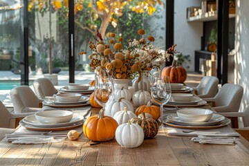 A beautifully decorated autumn table setting featuring pumpkins, elegant dinnerware, and glassware, perfect for fall celebrations and gatherings..