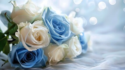 Obraz premium Artificial elegance beautiful colorful blossom rose flowers bouquet. Close up white and blue rose flowers bouquet for Valentine or wedding background and wallpaper. 