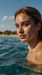 Obraz premium Portrait at Beach: A Young Woman Bathing in the Sea