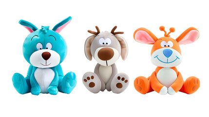 cutout set of 3 cartoon animal toys characters isolated on transparent png background