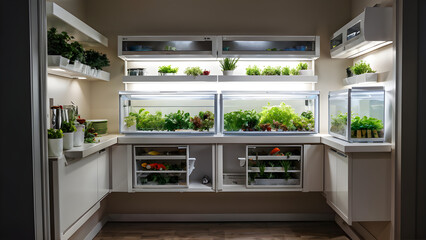Mini kitchen with an aquaponics system for tiny places