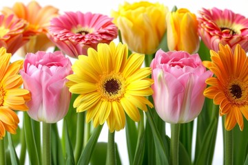 A colorful bouquet of pink and yellow tulips artistically capturing the essence of cheerful and lively floral beauty