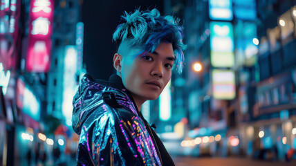 Obraz premium Blue-haired youth in neon city at night