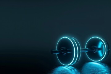 暗い背景の中でネオンに輝くダンベルとコピースペース