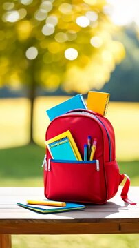 Red backpack filled with school supplies, including notebooks, pencils, and pens on a wooden table outdoors. Back to school concept. Copy space template background