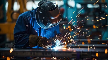 Worker in steel welding factory wearing industrial uniform and mask for welding iron, industrial safety first concept, sparks from welding