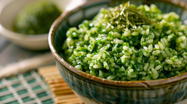 The national cuisine of Japan. Sweet rice with pesto and cilantro sauce.
