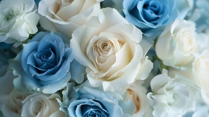Obraz premium Artificial elegance beautiful colorful blossom rose flowers bouquet. Close up white and blue rose flowers bouquet for Valentine or wedding background and wallpaper. 