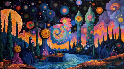 Obraz premium A vibrant and surreal psychedelic landscape featuring organic and mechanical elements with fluid shapes and neon hues.