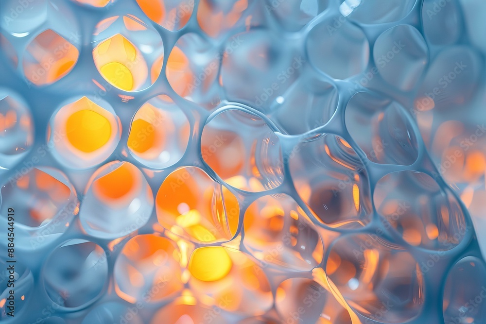 Poster Closeup of blue soap bubbles with soft orange glows, perfect for abstract backgrounds