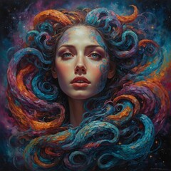 Naklejka premium A fervently fervent galactic gorgon, crafted with intricate detail and vibrant colors: swirling galaxies adorn its sleek, serpentine body, while shimmering stars twinkle in its piercing eyes. The imag