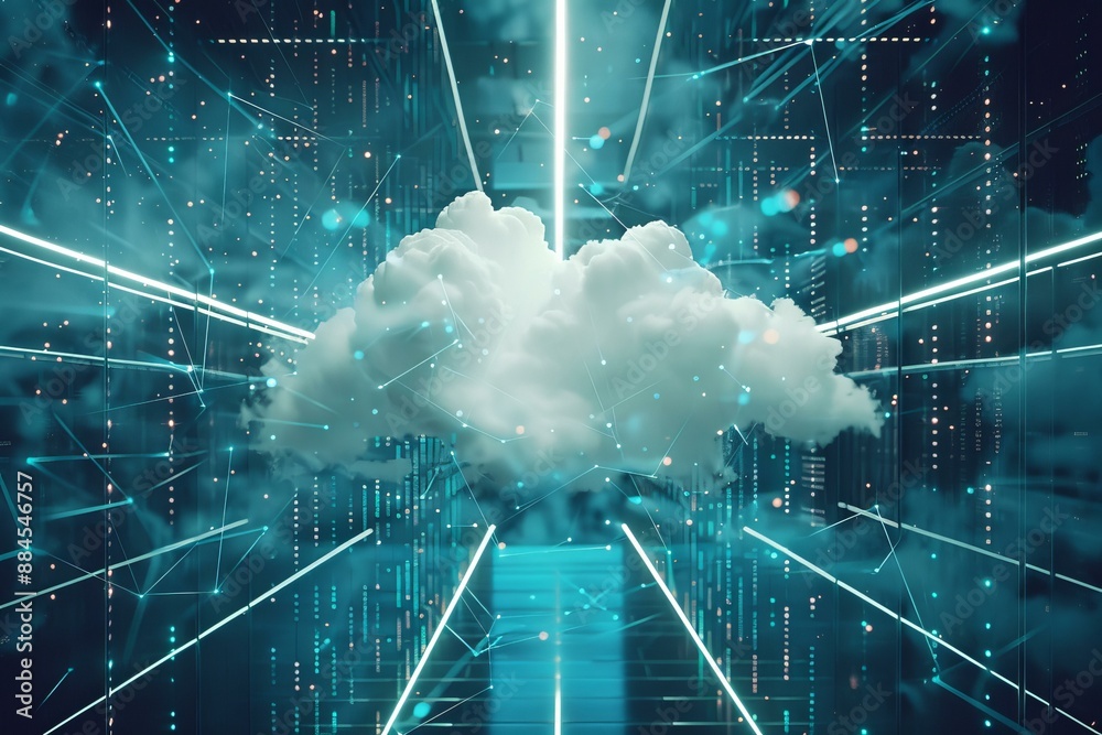 Poster a 3d render of a cloud amidst digital lines representing advanced computer networking